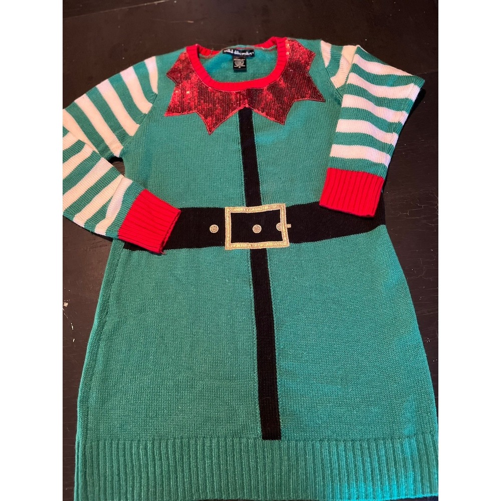 United‎ States Sweaters Elf Christmas Dress Medium Green Red Sequin Holiday